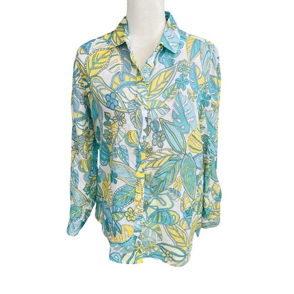 J McLaughlin Women’s Linen Shirt Aqua Yellow Tropical Print Button Down NWT $188 - Picture 2 of 15